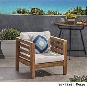 Louise Outdoor Acacia Wood Club Chair with Cushion, Teak Finish and Beige