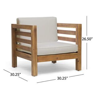 Louise Outdoor Acacia Wood Club Chair with Cushion, Teak Finish and Beige