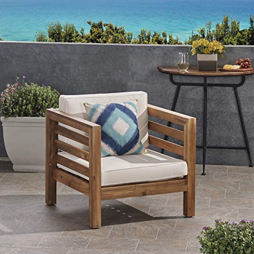 Louise Outdoor Acacia Wood Club Chair with Cushion, Teak Finish and Beige