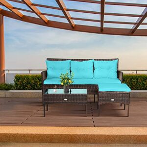 RELAX4LIFE 3 Pieces Patio Furniture Sectional Set, Rattan Wicker Conversation Set W/ 5 Cozy Seat & Back Cushions, Tempered Glass Coffee Table for Poolside, Backyard Outdoor Furniture (Turquoise)