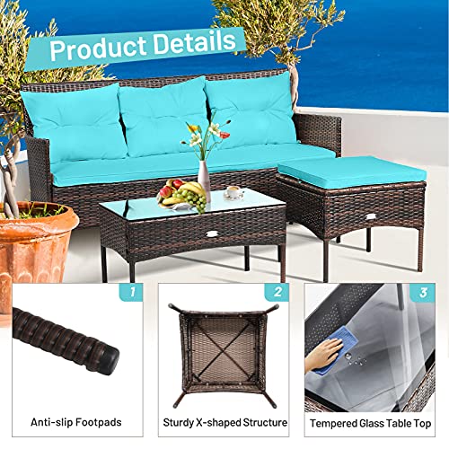 RELAX4LIFE 3 Pieces Patio Furniture Sectional Set, Rattan Wicker Conversation Set W/ 5 Cozy Seat & Back Cushions, Tempered Glass Coffee Table for Poolside, Backyard Outdoor Furniture (Turquoise)