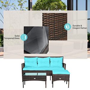 RELAX4LIFE 3 Pieces Patio Furniture Sectional Set, Rattan Wicker Conversation Set W/ 5 Cozy Seat & Back Cushions, Tempered Glass Coffee Table for Poolside, Backyard Outdoor Furniture (Turquoise)