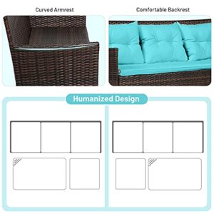 RELAX4LIFE 3 Pieces Patio Furniture Sectional Set, Rattan Wicker Conversation Set W/ 5 Cozy Seat & Back Cushions, Tempered Glass Coffee Table for Poolside, Backyard Outdoor Furniture (Turquoise)