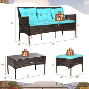 RELAX4LIFE 3 Pieces Patio Furniture Sectional Set, Rattan Wicker Conversation Set W/ 5 Cozy Seat & Back Cushions, Tempered Glass Coffee Table for Poolside, Backyard Outdoor Furniture (Turquoise)