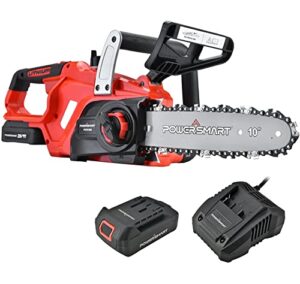 powersmart electric chainsaw 20v battery powered, cordless chain saw with 10 inch chain and bar, 2.0ah battery and fast charger included, power chainsaw for trees wood farm garden ranch forest cutting
