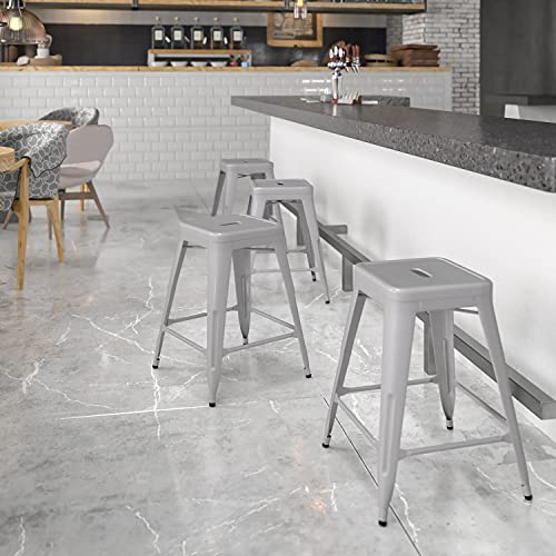 EMMA + OLIVER Commercial Grade 24" H Backless Silver Metal Indoor-Outdoor Counter Height Stool