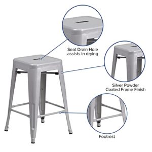 EMMA + OLIVER Commercial Grade 24" H Backless Silver Metal Indoor-Outdoor Counter Height Stool