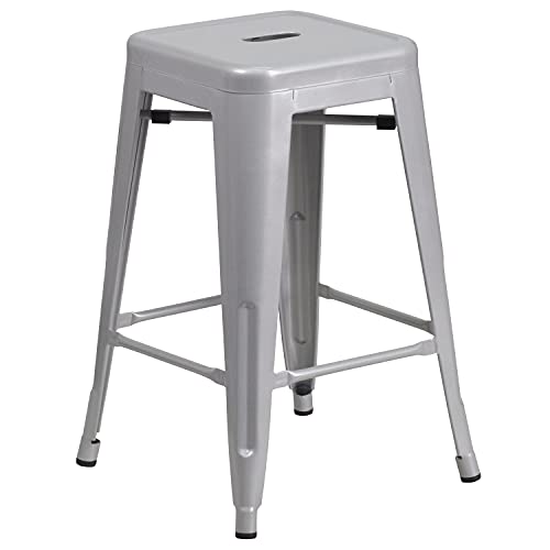 EMMA + OLIVER Commercial Grade 24" H Backless Silver Metal Indoor-Outdoor Counter Height Stool