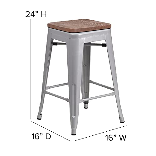 EMMA + OLIVER Commercial Grade 24" H Backless Silver Metal Indoor-Outdoor Counter Height Stool