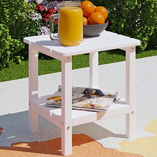 JINLLY Outdoor Side Table, 18 Inch Patio Small Adirondack Tables with Shelf, White Outdoor Polywood HDPE End Table for Outside, Pool, Porch, Garden, Beach, White