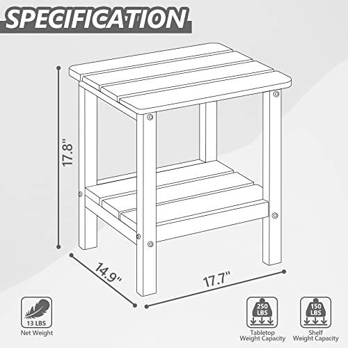 JINLLY Outdoor Side Table, 18 Inch Patio Small Adirondack Tables with Shelf, White Outdoor Polywood HDPE End Table for Outside, Pool, Porch, Garden, Beach, White