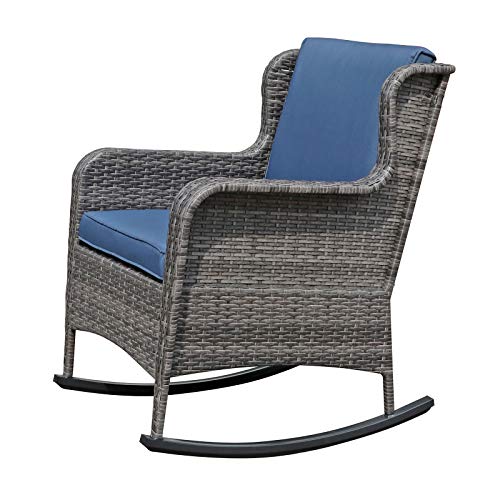 Soleil Jardin Outdoor Resin Wicker Rocking Chair with Cushions, Patio Yard Furniture Club Rocker Chair, Gray Wicker & Navy Cushions