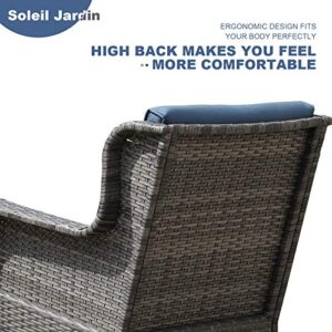 Soleil Jardin Outdoor Resin Wicker Rocking Chair with Cushions, Patio Yard Furniture Club Rocker Chair, Gray Wicker & Navy Cushions