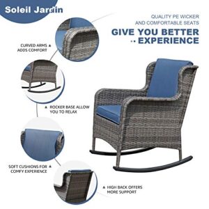 Soleil Jardin Outdoor Resin Wicker Rocking Chair with Cushions, Patio Yard Furniture Club Rocker Chair, Gray Wicker & Navy Cushions