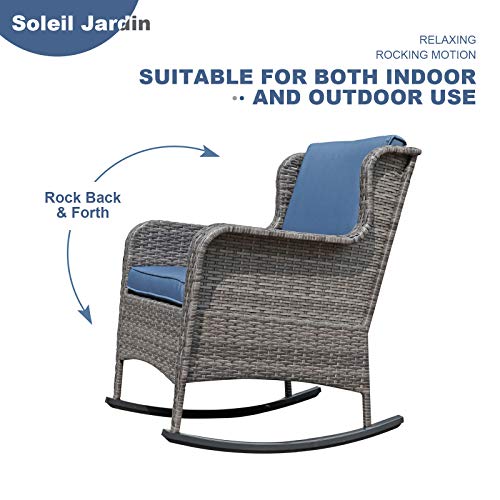 Soleil Jardin Outdoor Resin Wicker Rocking Chair with Cushions, Patio Yard Furniture Club Rocker Chair, Gray Wicker & Navy Cushions