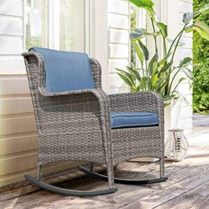 Soleil Jardin Outdoor Resin Wicker Rocking Chair with Cushions, Patio Yard Furniture Club Rocker Chair, Gray Wicker & Navy Cushions