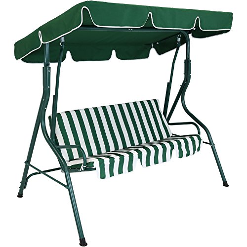 Sunnydaze Outdoor Porch Swing with Adjustable Canopy and Durable Steel Frame, 2-Person Patio Seater, Green Striped Seat Cushions