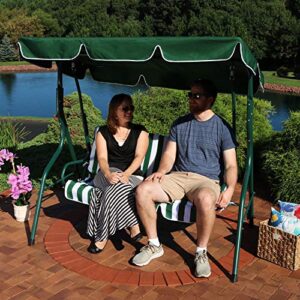 Sunnydaze Outdoor Porch Swing with Adjustable Canopy and Durable Steel Frame, 2-Person Patio Seater, Green Striped Seat Cushions