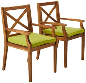 christopher knight home peter | outdoor acacia wood dining chair set of 2, teak/green cushion