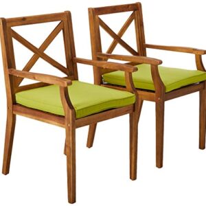 Christopher Knight Home Peter | Outdoor Acacia Wood Dining Chair Set of 2, Teak/Green Cushion