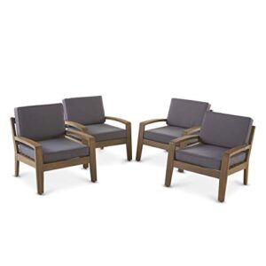 christopher knight home grenada outdoor acacia wood club chairs with water resistant cushions, 4-pcs set, grey finish / dark grey