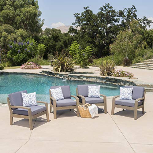 Christopher Knight Home Grenada Outdoor Acacia Wood Club Chairs with Water Resistant Cushions, 4-Pcs Set, Grey Finish / Dark Grey