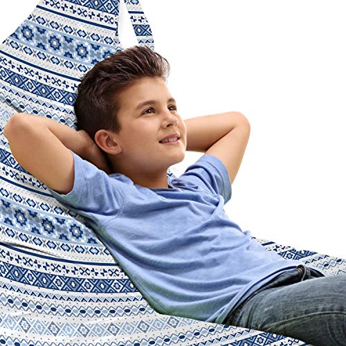 Lunarable Ethnic Lounger Chair Bag, Hand Drawn Motifs Geometric Borders Striped Native Art, High Capacity Storage with Handle Container, Lounger Size, Blue Pale Blue White