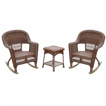 Jeco 3 Piece Santa Maria Rocker Wicker Chair Set with Brown Cushions, White