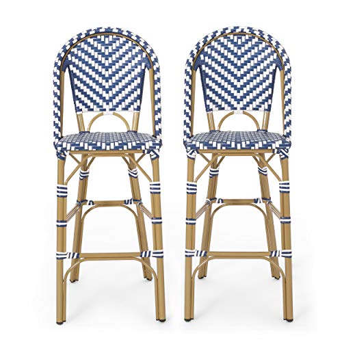 Christopher Knight Home 314446 Kinner Outdoor Barstool, Navy Blue + White + Bamboo Print Finish