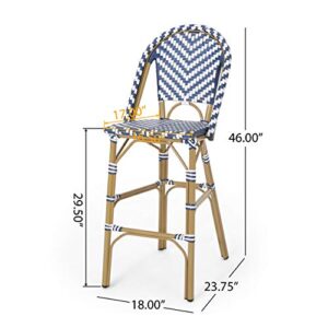 Christopher Knight Home 314446 Kinner Outdoor Barstool, Navy Blue + White + Bamboo Print Finish