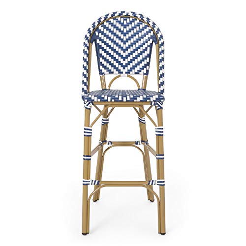 Christopher Knight Home 314446 Kinner Outdoor Barstool, Navy Blue + White + Bamboo Print Finish