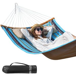 double hammock, 11 ft quilted fabric 2 person hammock for outside with pillow, folding curved spreader bar, chains, carrying bag, indoor outdoor, 450 ib capacity, royal blue