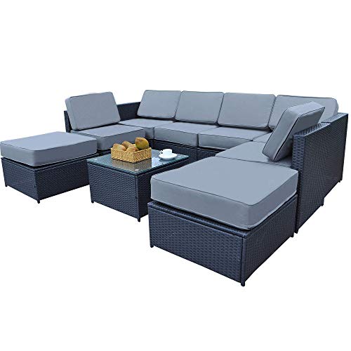 MCombo 6085 9 PC Cozy Outdoor Garden Patio Rattan Wicker Furniture Sectional Sofa (Grey)