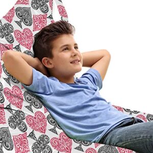 lunarable poker lounger chair bag, hand drawn ornate motifs on playing card suits traditional doodle, high capacity storage with handle container, lounger size, charcoal grey hot pink