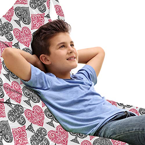 Lunarable Poker Lounger Chair Bag, Hand Drawn Ornate Motifs on Playing Card Suits Traditional Doodle, High Capacity Storage with Handle Container, Lounger Size, Charcoal Grey Hot Pink