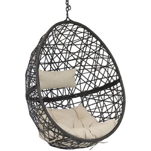 sunnydaze caroline hanging egg chair – resin wicker – modern all-weather construction design – outdoor lounging chair – large basket patio chair with removable beige cushions