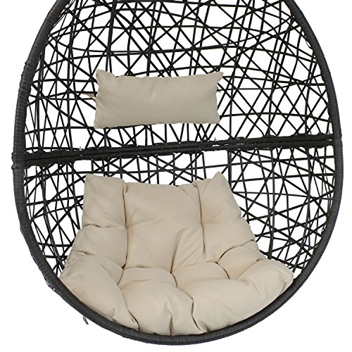 Sunnydaze Caroline Hanging Egg Chair - Resin Wicker - Modern All-Weather Construction Design - Outdoor Lounging Chair - Large Basket Patio Chair with Removable Beige Cushions