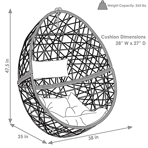 Sunnydaze Caroline Hanging Egg Chair - Resin Wicker - Modern All-Weather Construction Design - Outdoor Lounging Chair - Large Basket Patio Chair with Removable Beige Cushions