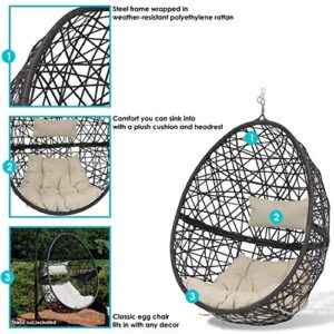 Sunnydaze Caroline Hanging Egg Chair - Resin Wicker - Modern All-Weather Construction Design - Outdoor Lounging Chair - Large Basket Patio Chair with Removable Beige Cushions