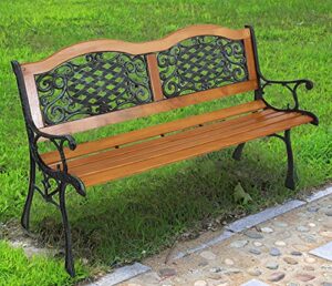 joybase 50″ outdoor bench, park bench, wood and iron garden bench, patio bench, porch bench, outside bench, yard bench (black&natural)