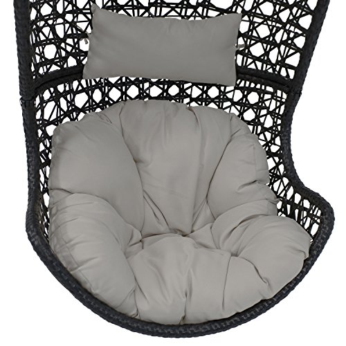 Sunnydaze Cordelia Hanging Egg Chair - Resin Wicker - Outdoor Large Basket Design Patio Lounge Chair - All-Weather Construction - Includes Gray Cushion and Headrest