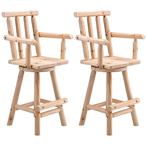 Mingyall Wooden Bar Stool Outdoor Set of 2, High Top Patio Wood Chair, Outsdie Swivel Bar Chair, Log Barstool for Bistro Lawn, Garden, Backyard, Natural Stained