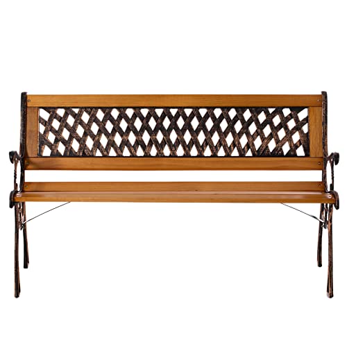 Gardenised QI003462L Outdoor Classical Wooden Slated Park, Steel Frame Seating Bench for Yard, Patio, Garden, Balcony, and Deck, Brown