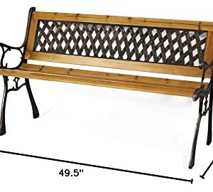 Gardenised QI003462L Outdoor Classical Wooden Slated Park, Steel Frame Seating Bench for Yard, Patio, Garden, Balcony, and Deck, Brown