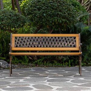 Gardenised QI003462L Outdoor Classical Wooden Slated Park, Steel Frame Seating Bench for Yard, Patio, Garden, Balcony, and Deck, Brown