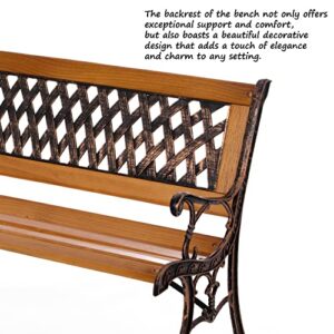 Gardenised QI003462L Outdoor Classical Wooden Slated Park, Steel Frame Seating Bench for Yard, Patio, Garden, Balcony, and Deck, Brown