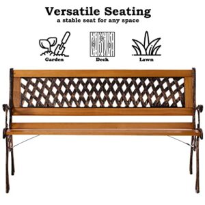 Gardenised QI003462L Outdoor Classical Wooden Slated Park, Steel Frame Seating Bench for Yard, Patio, Garden, Balcony, and Deck, Brown