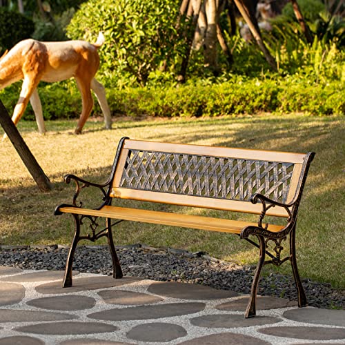 Gardenised QI003462L Outdoor Classical Wooden Slated Park, Steel Frame Seating Bench for Yard, Patio, Garden, Balcony, and Deck, Brown