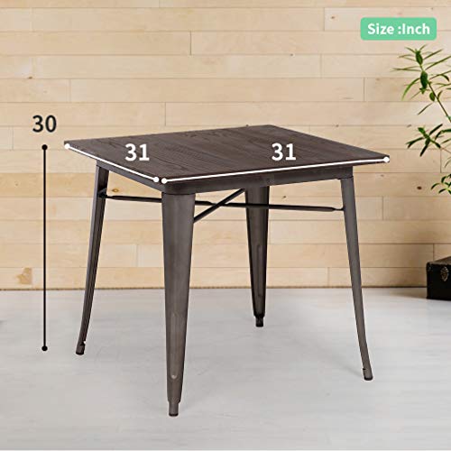 FDW Heavy Duty Outdoor Dining Table Metal Kitchen Table Metal Table 31 x 31 Inches Bar Coffee Table Home Restaurant Wood Top Table Patio Dining Table Indoor Outdoor Metal Base Table, Bronze