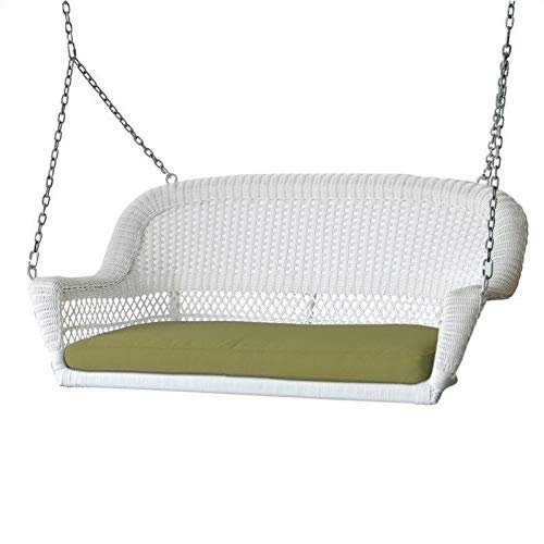 Pemberly Row Wicker Porch Swing in White with Green Cushion